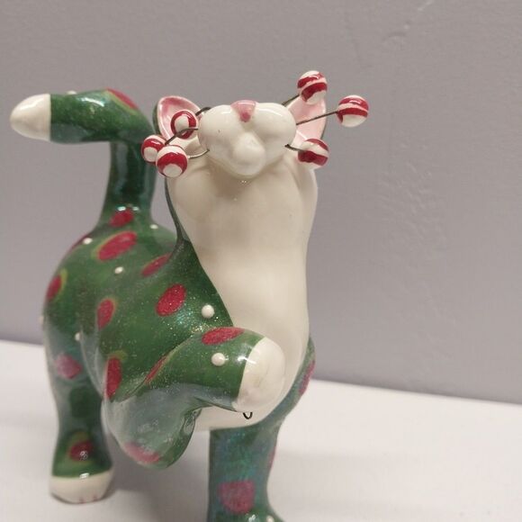 Amy Lacombe 2002 WhimsiClay Ceramic Cat Figurine Willitts Design Green Polka Dot - Picture 3 of 16